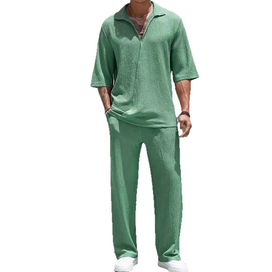 Commuter Men's Casual Shirt Solid Color Half Sleeve Trousers Two-piece Suit